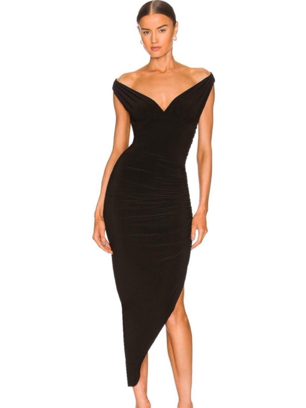Norma Kamali Black Off-Shoulder Asymmetrical Midi Dress
